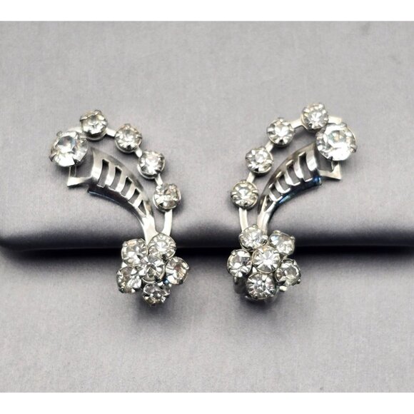 VTG Clip-On Rhinestone Spray Climber Clip-On Earrings 1.25" Silver Tone Cutout - Picture 1 of 7